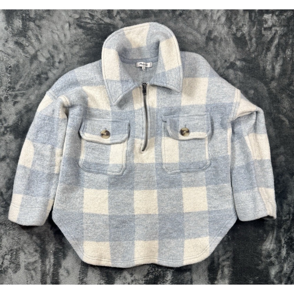 Madewell Women's L 100% Merino Wool Plaid Half Zip Pullover Blue Cream
